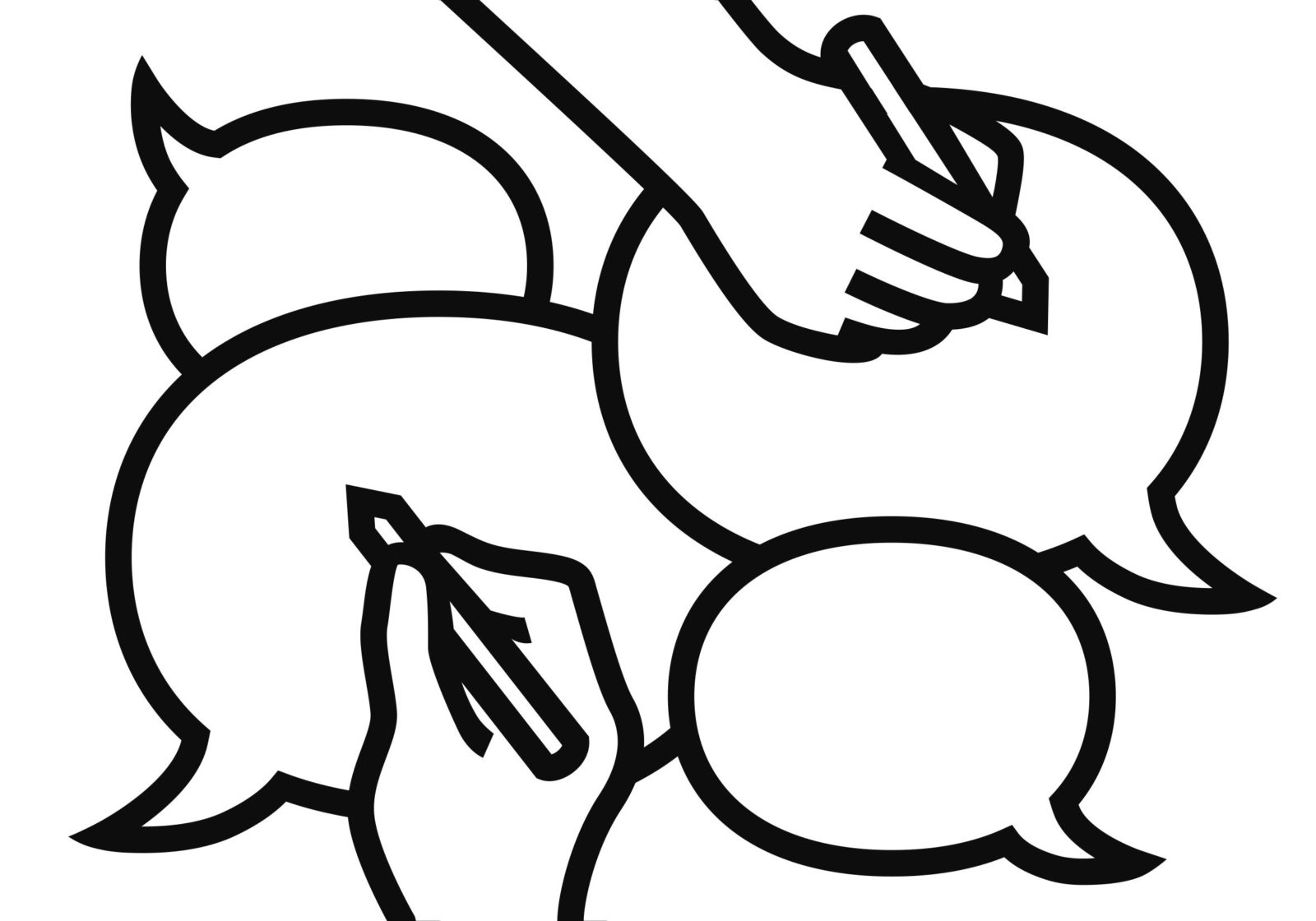 黒い線の吹き出しがいくつかあり、そこにペンで何かを書き込もうとしているイラストレーション