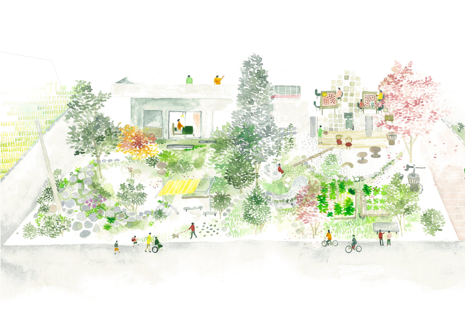 「嫁入りの庭」を描いたイラストレーション。木々や草花に溢れ、ベンチに座ったり、犬を散歩したりしている人がいる