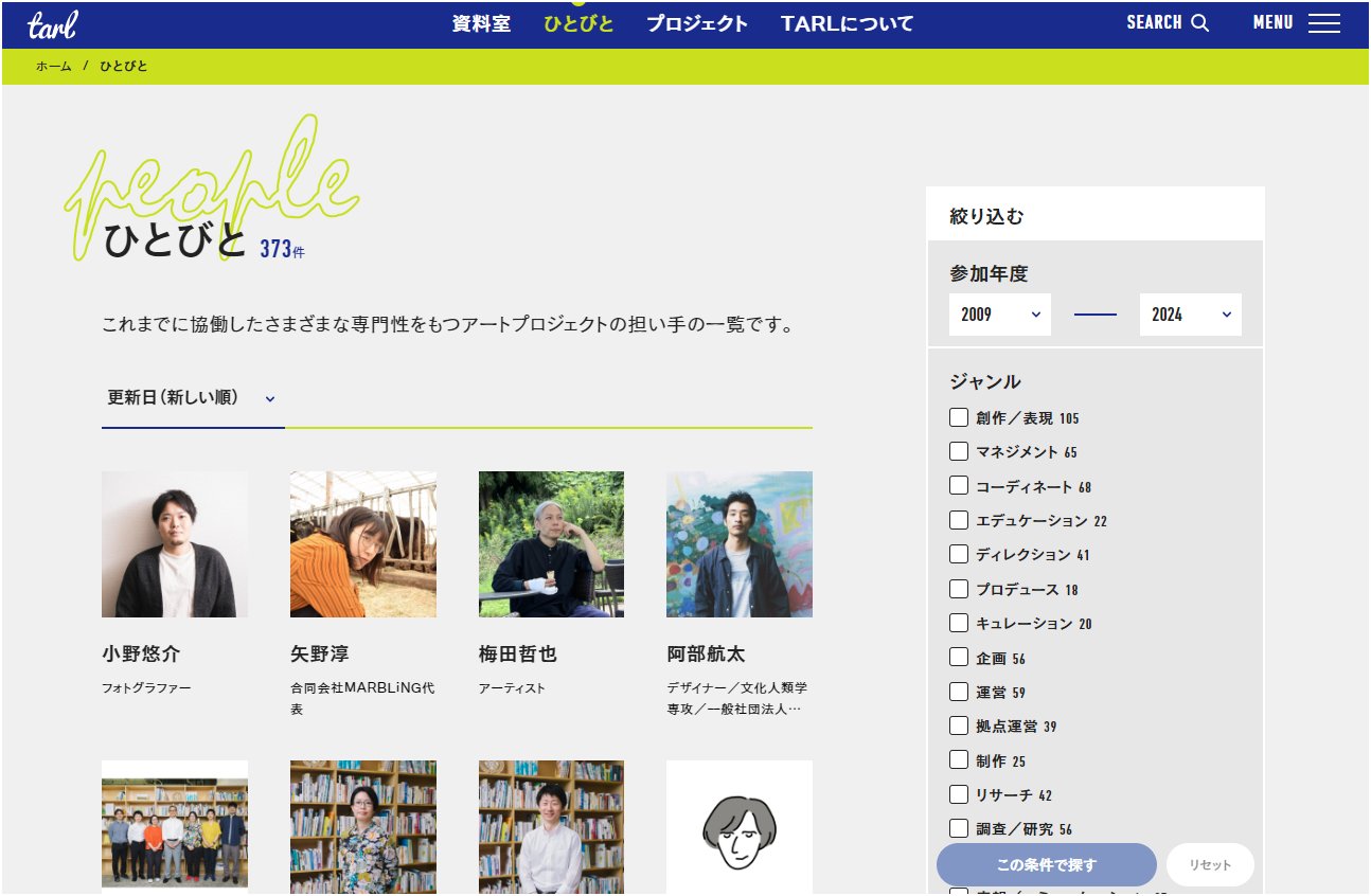 ひとびとのページ。左側にはひとびとの説明と、人物写真のサムネイルが４列で並んでいる。右側には「絞り込む」の欄があり、参加年度、ジャンルの中からチェックボックスで絞り込むことができる