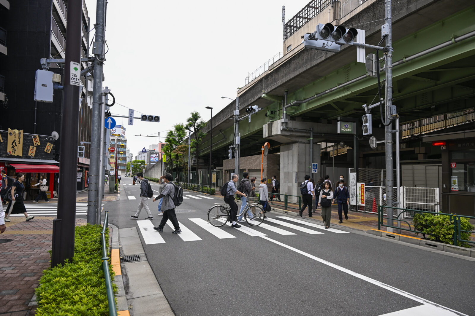 高架橋の道路と並行に車道が伸びており、横断歩道を歩行者や自転車がわたっている